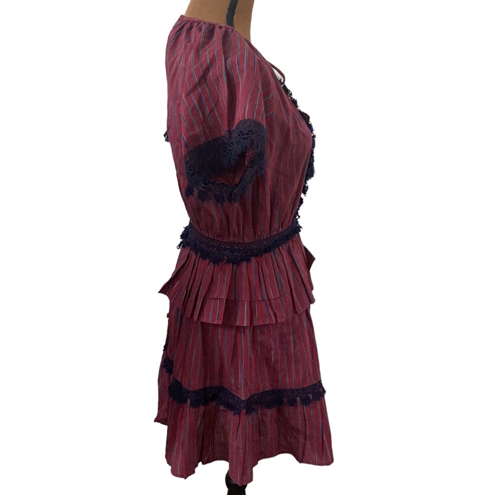 Sea New York boho peasant ruffled pom-Pom tassel tie  lace trim burgundy size 0 - Picture 3 of 12